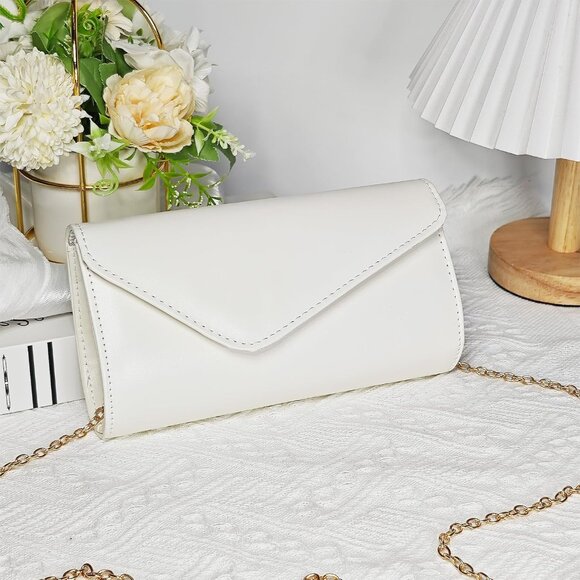 White leather envelope clutch purse with chain strap, elegant evening bag - Picture 7 of 7